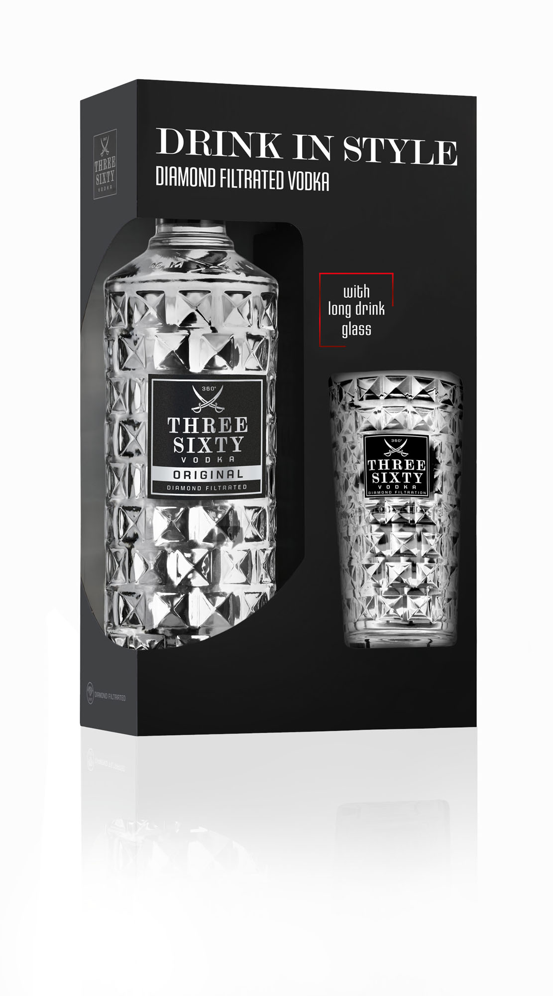 Three Sixty Vodka GV + glas Fles 70 cl 37,5%