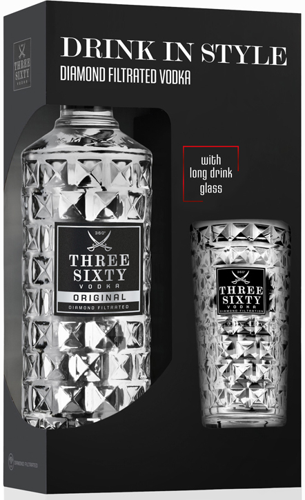 Three Sixty Vodka GV + glas Fles 70 cl 37,5%