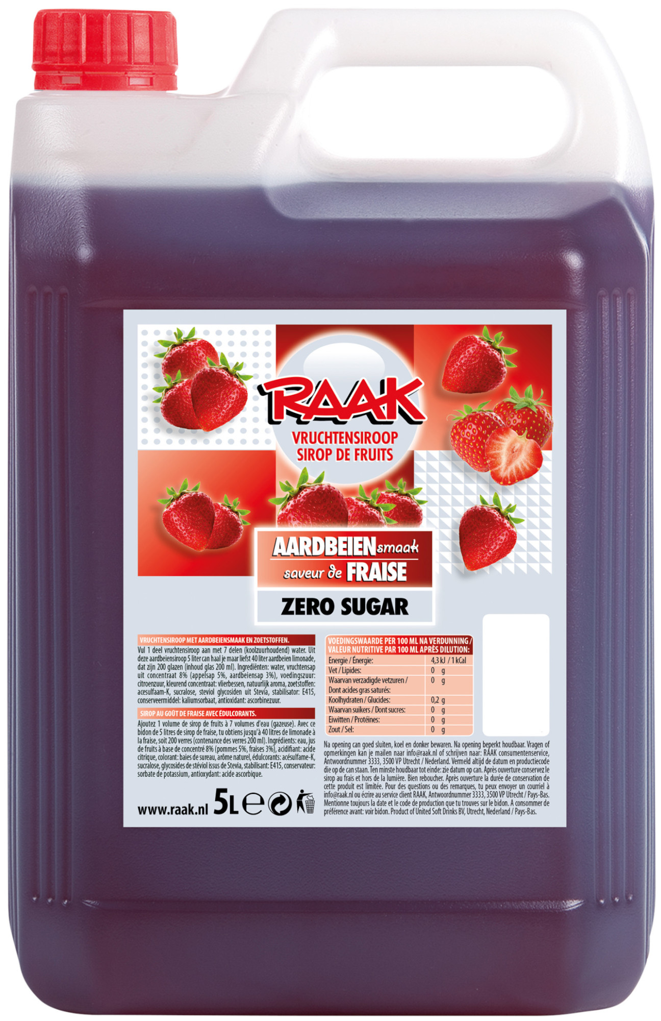 Raak Vruchten Siroop Aardbei Zero KAN 5 ltr